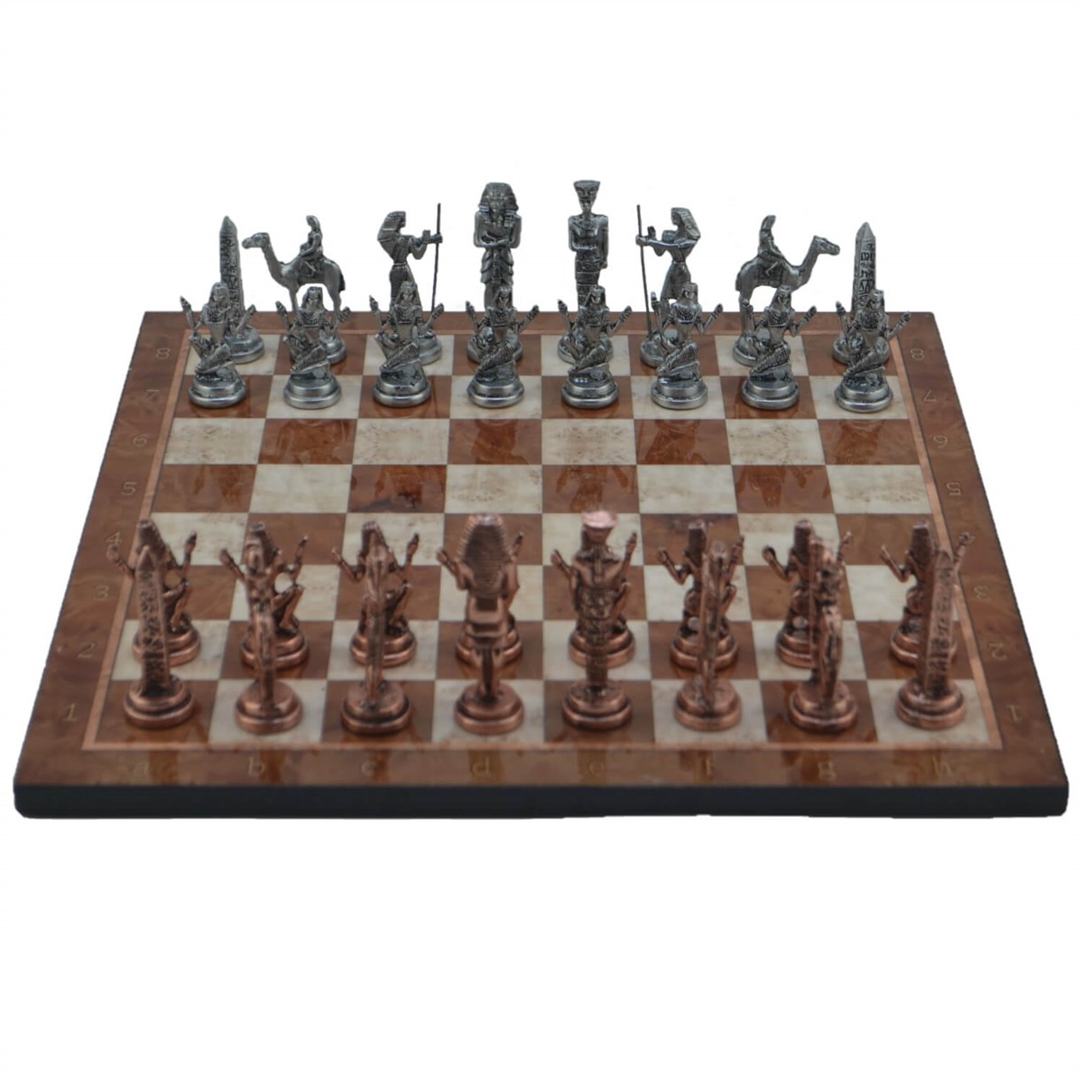 Gifthome Metal Satranç Takımı/Seti; Büyük, Mısır, Antik Taş ve Mocha Desenli Satranç Tahtası