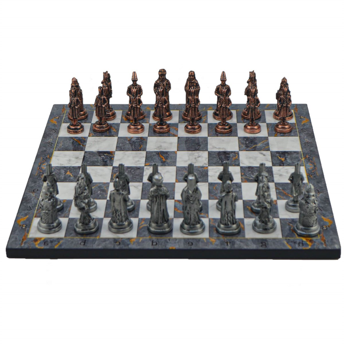 Gifthome Metal Satranç Takımı/Seti; Büyük, Osmanlı, Antik ve Gri Mermer Desenli Satranç Tahtası