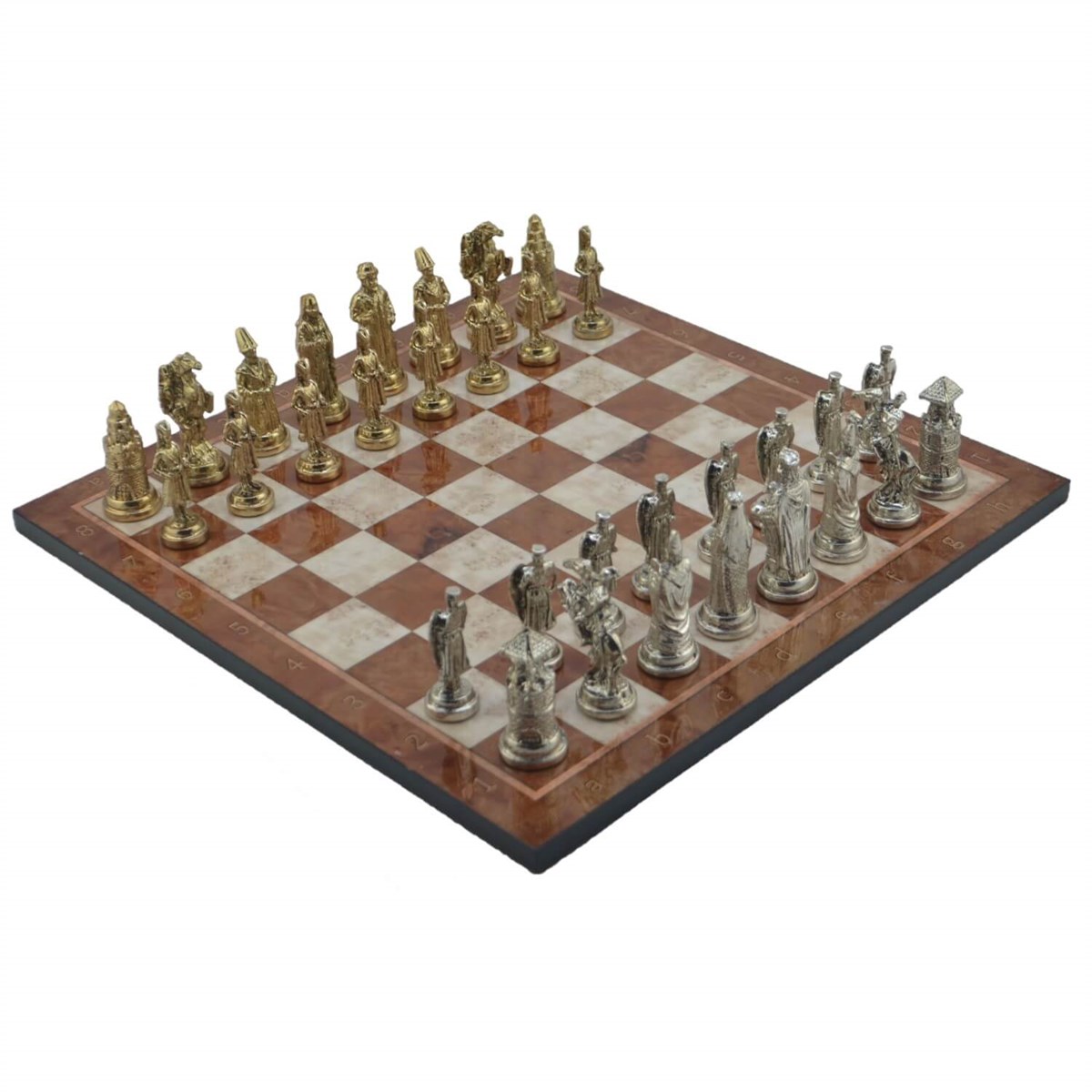 Gifthome Metal Satranç Takımı/Seti; Büyük, Osmanlı&Bizans, Parlak ve Mocha Desenli Satranç Tahtası