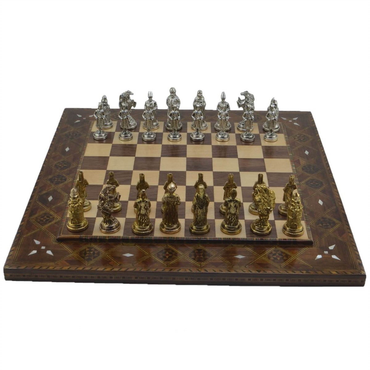Gifthome Metal Satranç Takımı/Seti; Büyük, Osmanlı, Parlak, Düz Masif Ahşap Satranç Tahtası
