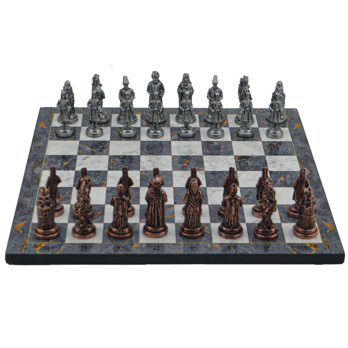 Gifthome Metal Satranç Takımı/Seti; Büyük, Osmanlı, Antik ve Gri Mermer Desenli Satranç Tahtası