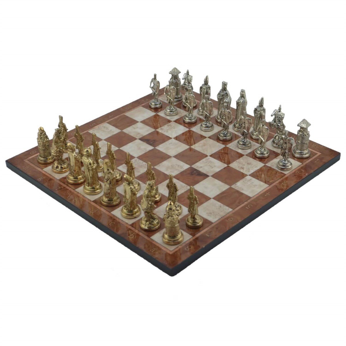 Gifthome Metal Satranç Takımı/Seti; Büyük, Osmanlı&Bizans, Parlak ve Mocha Desenli Satranç Tahtası