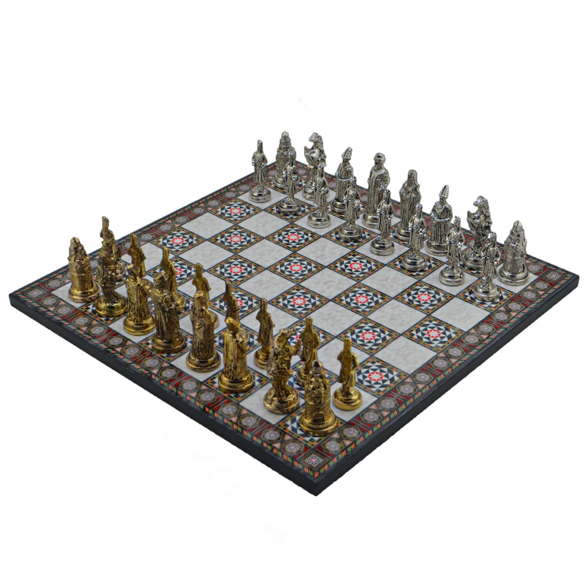 Gifthome Metal Satranç Takımı/Seti; Büyük, Osmanlı, Parlak Taş ve Sedef Desenli Satranç Tahtası