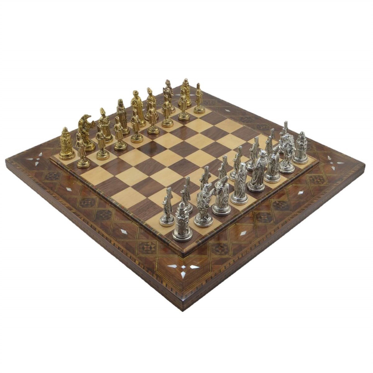 Gifthome Metal Satranç Takımı/Seti; Büyük, Osmanlı, Parlak, Düz Masif Ahşap Satranç Tahtası
