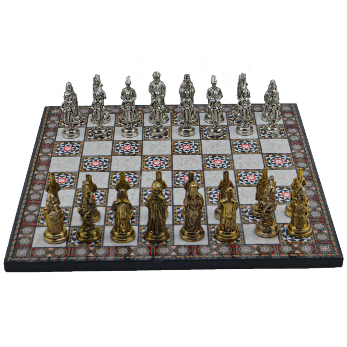 Gifthome Metal Satranç Takımı/Seti; Büyük, Osmanlı, Parlak Taş ve Sedef Desenli Satranç Tahtası