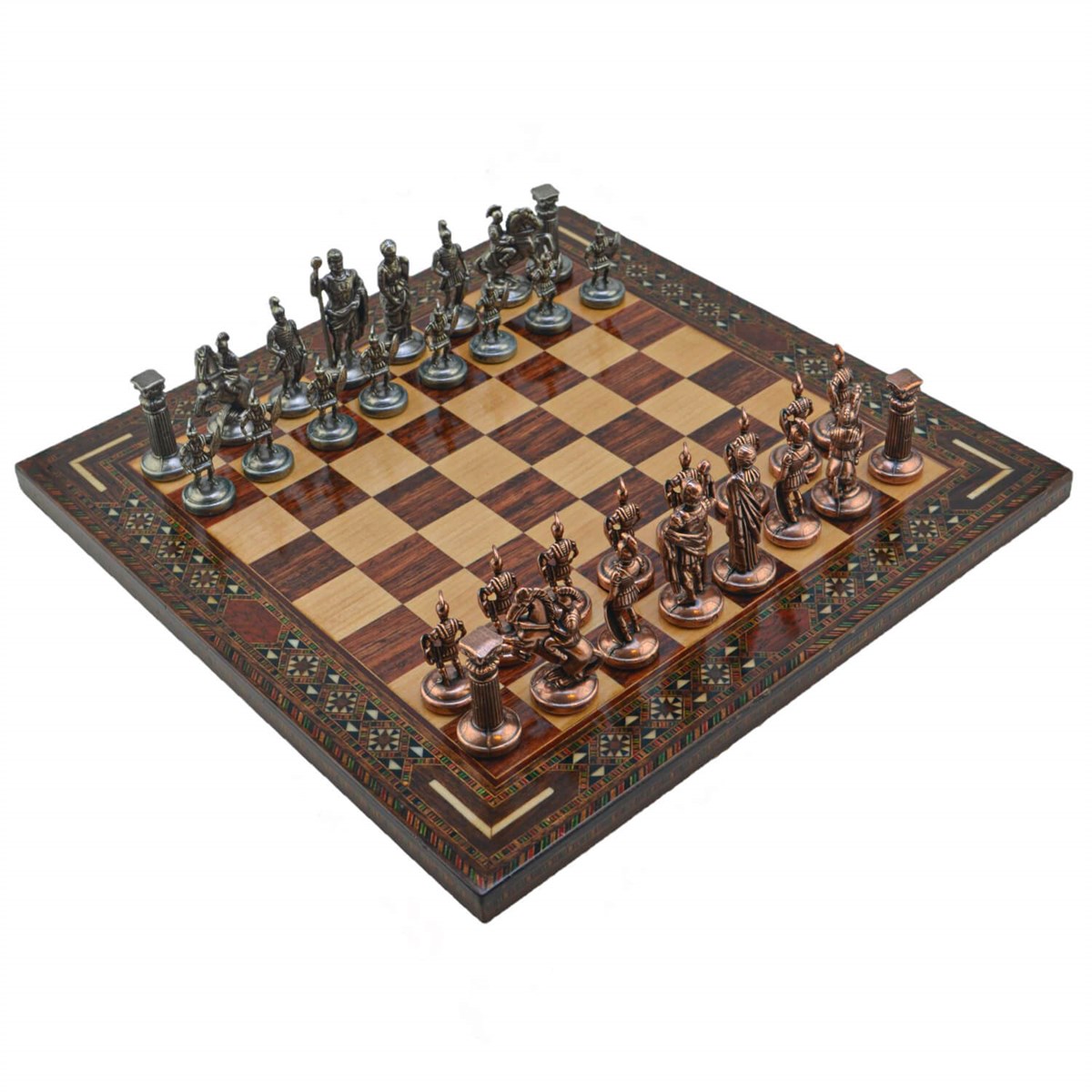 Gifthome Metal Satranç Takımı/Seti; Orta, Roma, Antik Taş ve Gül Düz Masif Satranç Tahtası