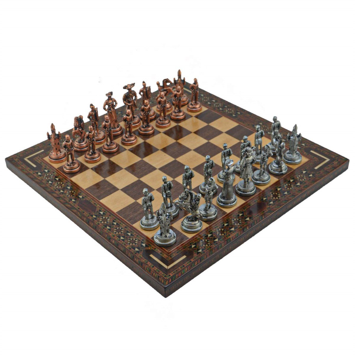 Gifthome Metal Satranç Takımı/Seti; Orta, İspanyol, Antik Taş ve Ceviz Düz Masif Satranç Tahtası