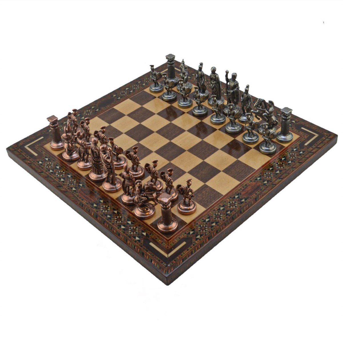 Gifthome Metal Satranç Takımı/Seti; Orta, Roma, Antik Taş ve Ceviz Düz Masif Satranç Tahtası