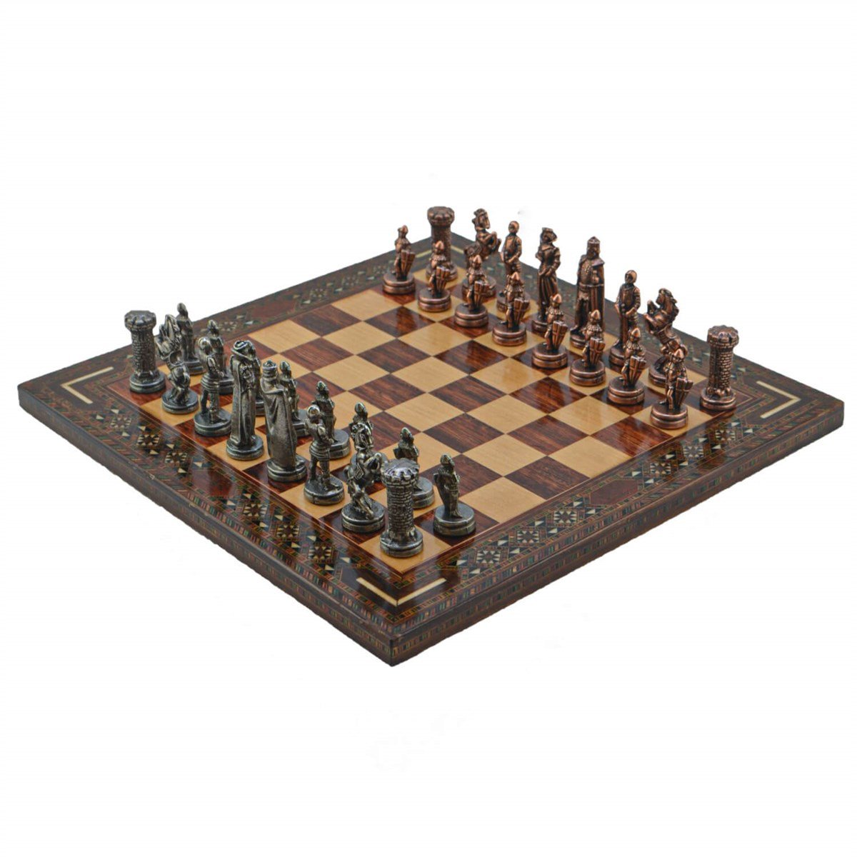 Gifthome Metal Satranç Takımı/Seti; Orta, İngiliz, Antik Taş ve Gül Düz Masif Satranç Tahtası