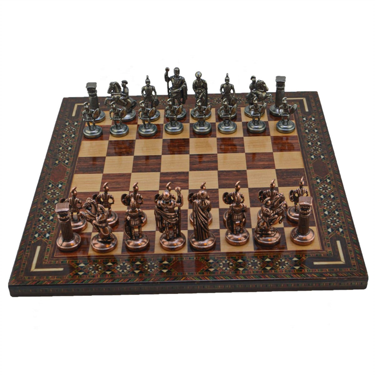 Gifthome Metal Satranç Takımı/Seti; Orta, Roma, Antik Taş ve Gül Düz Masif Satranç Tahtası