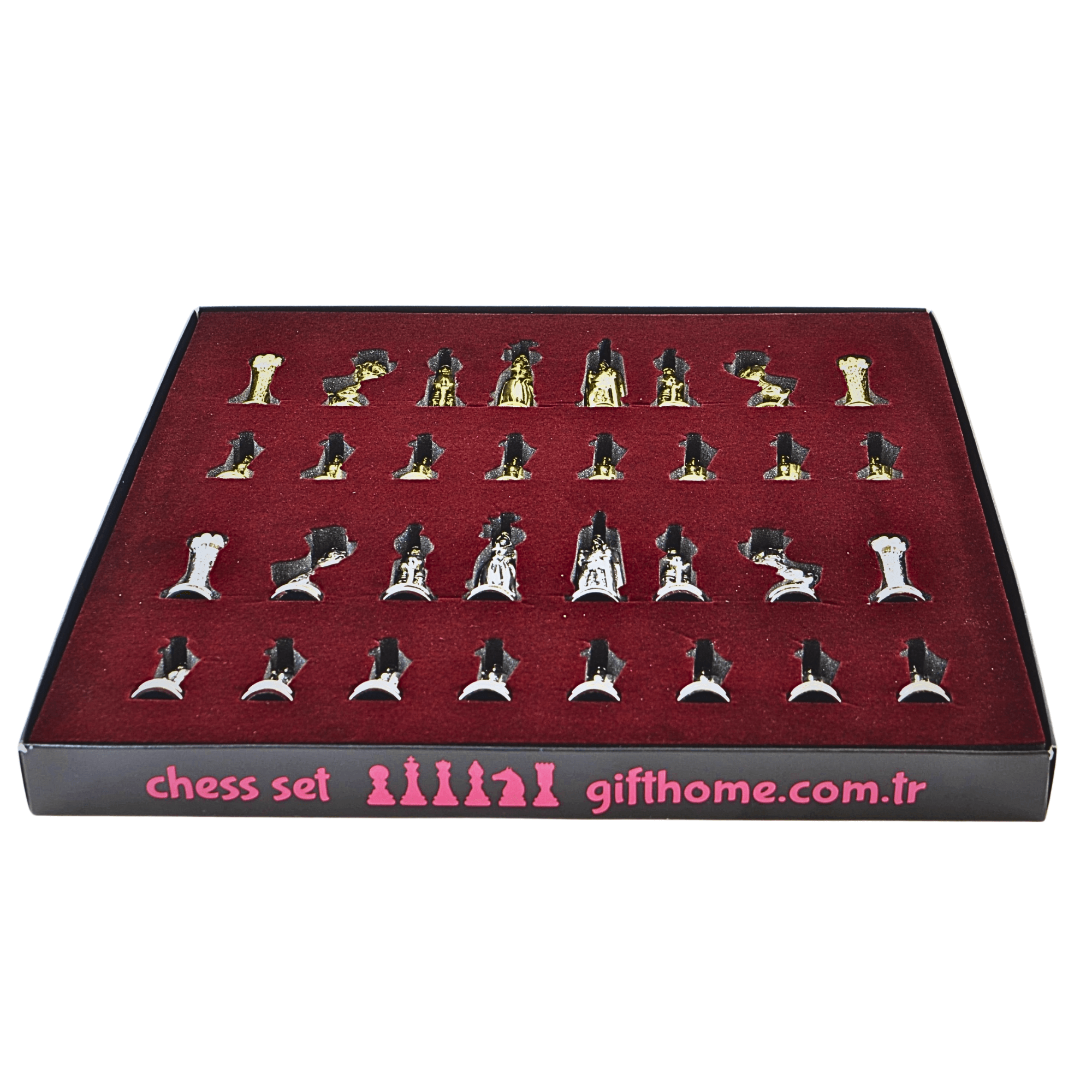 Gifthome Metal Satranç Takımı/Seti; Orta, İngiliz, Parlak Taş ve Ceviz Düz Masif Satranç Tahtası
