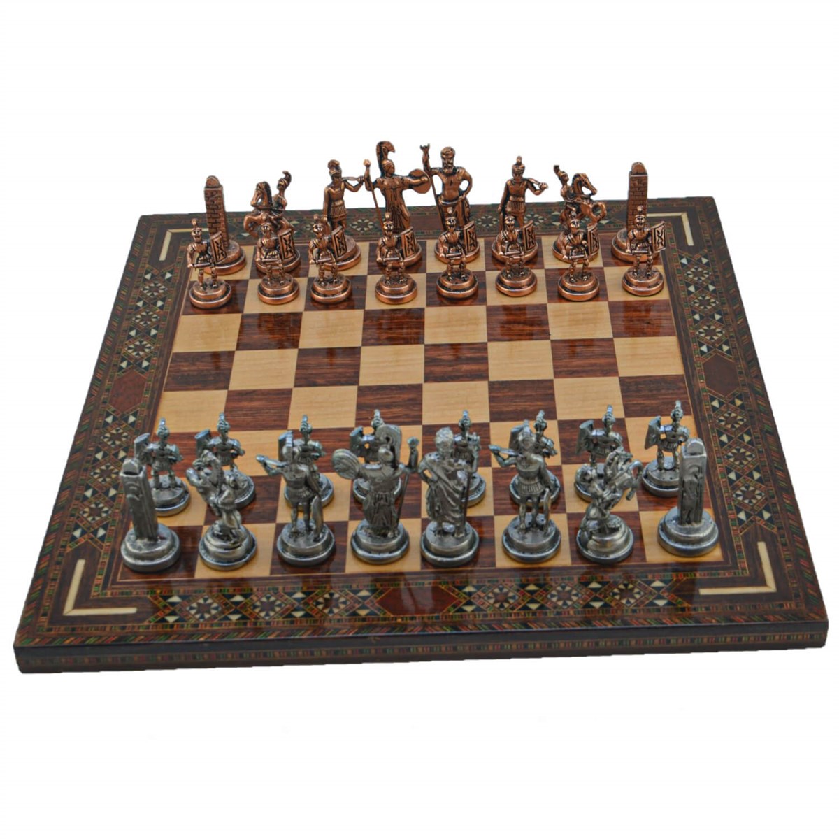 Gifthome Metal Satranç Takımı/Seti; Orta, Yunan, Antik Taş ve Gül Düz Masif Satranç Tahtası