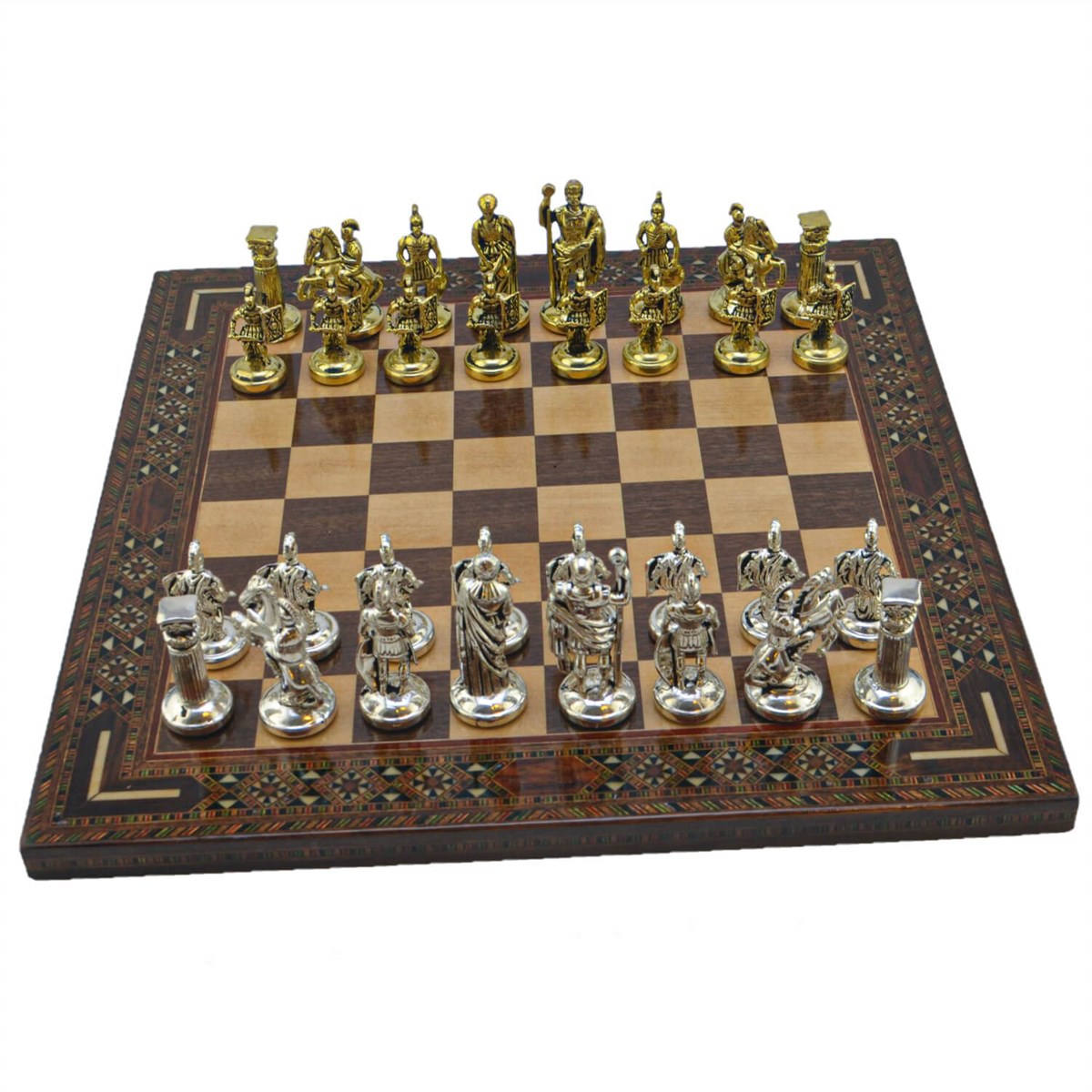 Gifthome Metal Satranç Takımı/Seti; Orta, Roma, Parlak Taş ve Ceviz Düz Masif Satranç Tahtası