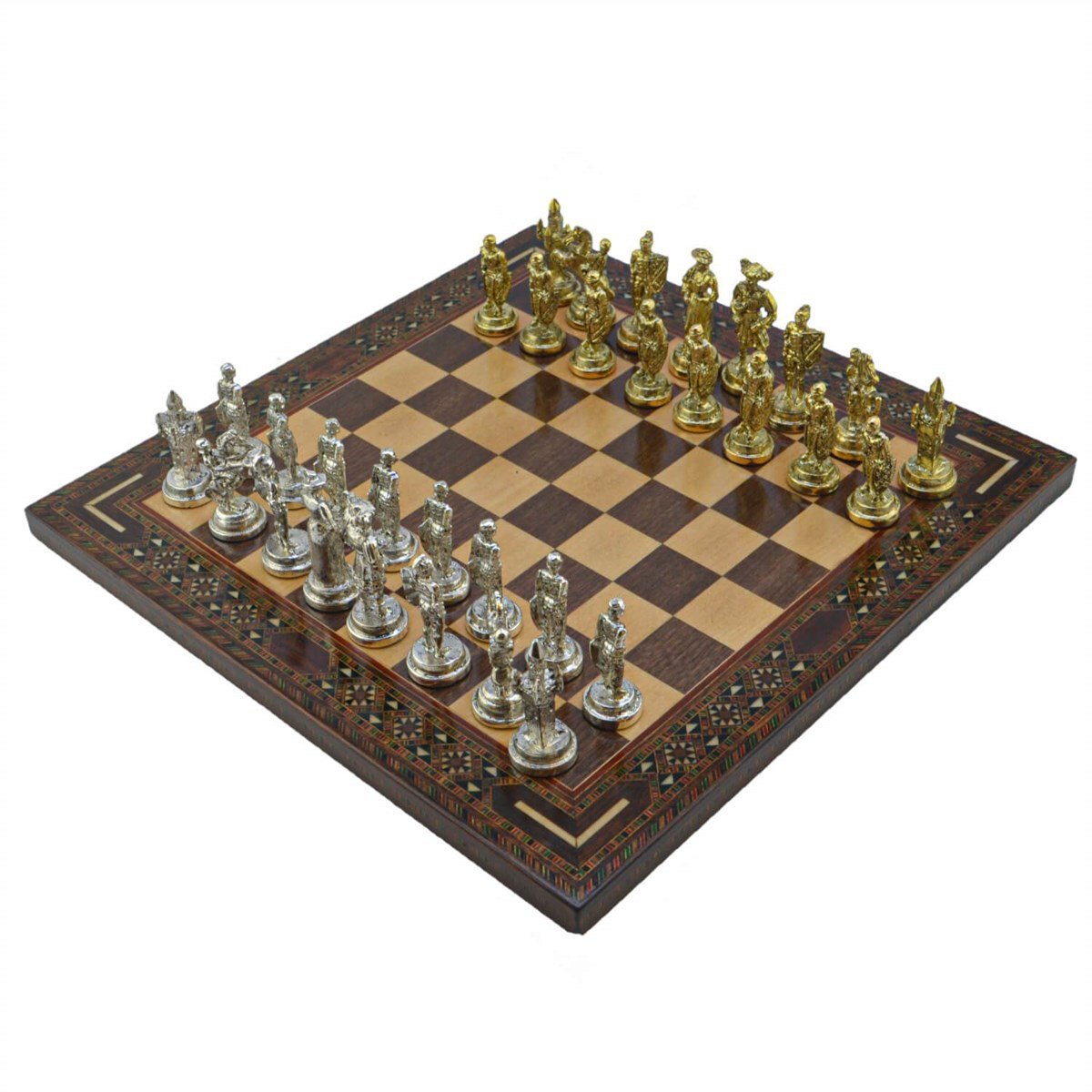 Gifthome Metal Satranç Takımı/Seti; Orta, İspanyol, Parlak Taş ve Ceviz Düz Masif Satranç Tahtası