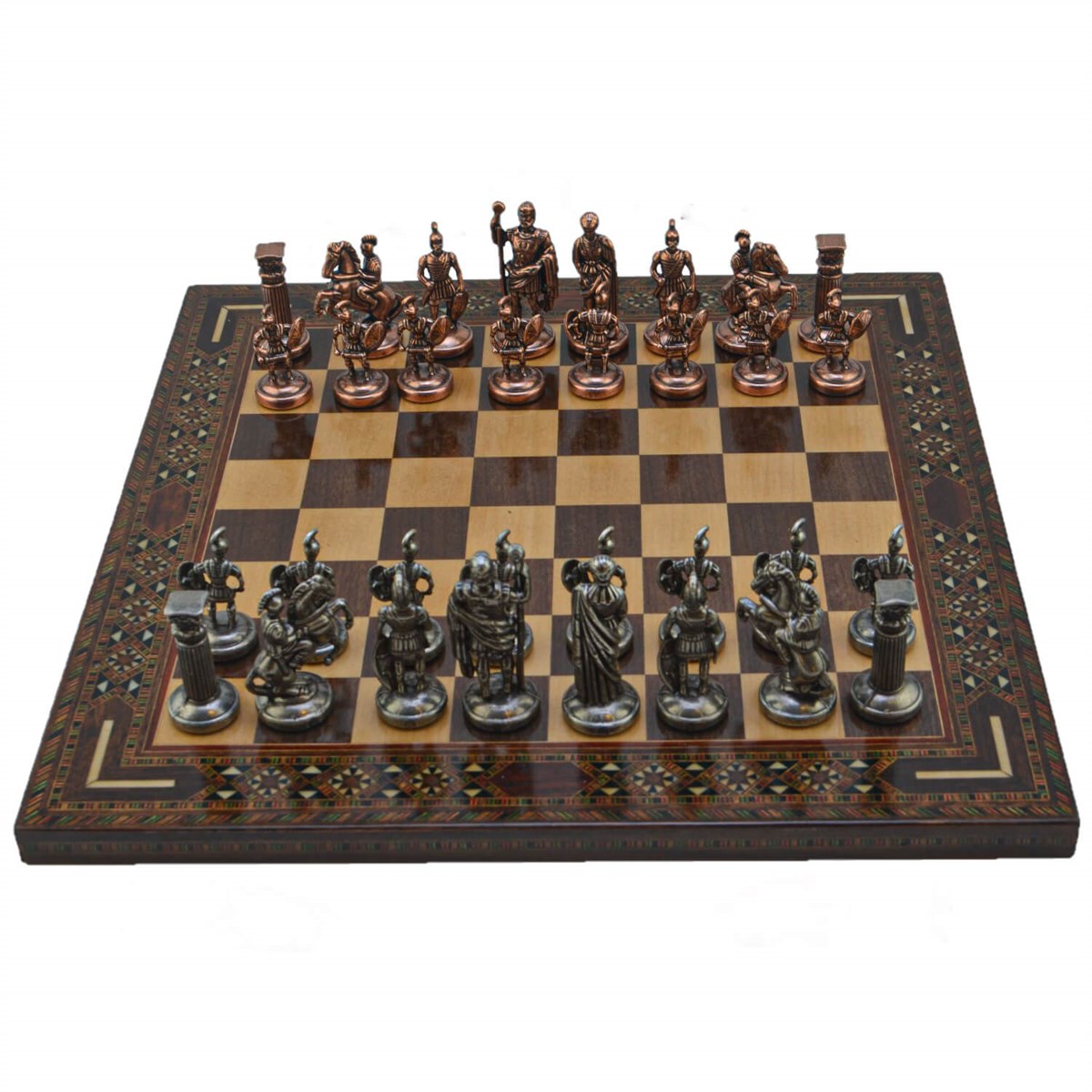 Gifthome Metal Satranç Takımı/Seti; Orta, Roma, Antik Taş ve Ceviz Düz Masif Satranç Tahtası