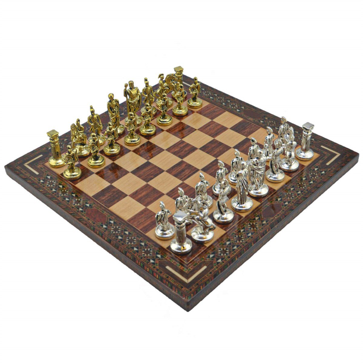 Gifthome Metal Satranç Takımı/Seti; Orta, Roma, Parlak Taş ve Gül Düz Masif Satranç Tahtası