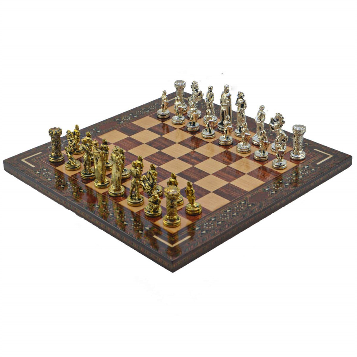 Gifthome Metal Satranç Takımı/Seti; Orta, İngiliz, Parlak Taş ve Gül Düz Masif Satranç Tahtası