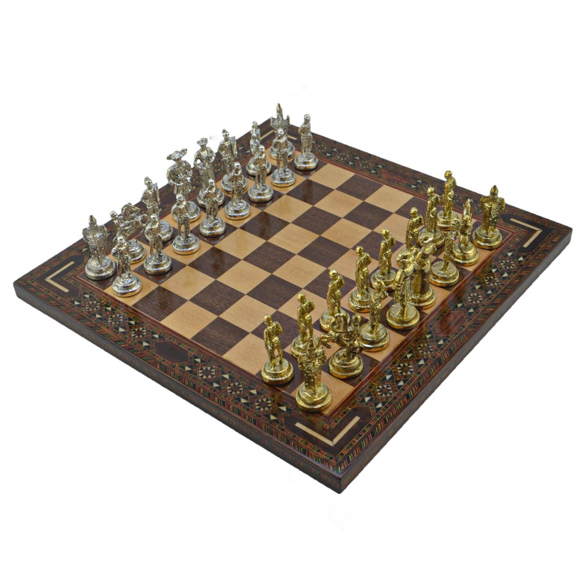 Gifthome Metal Satranç Takımı/Seti; Orta, İspanyol, Parlak Taş ve Ceviz Düz Masif Satranç Tahtası