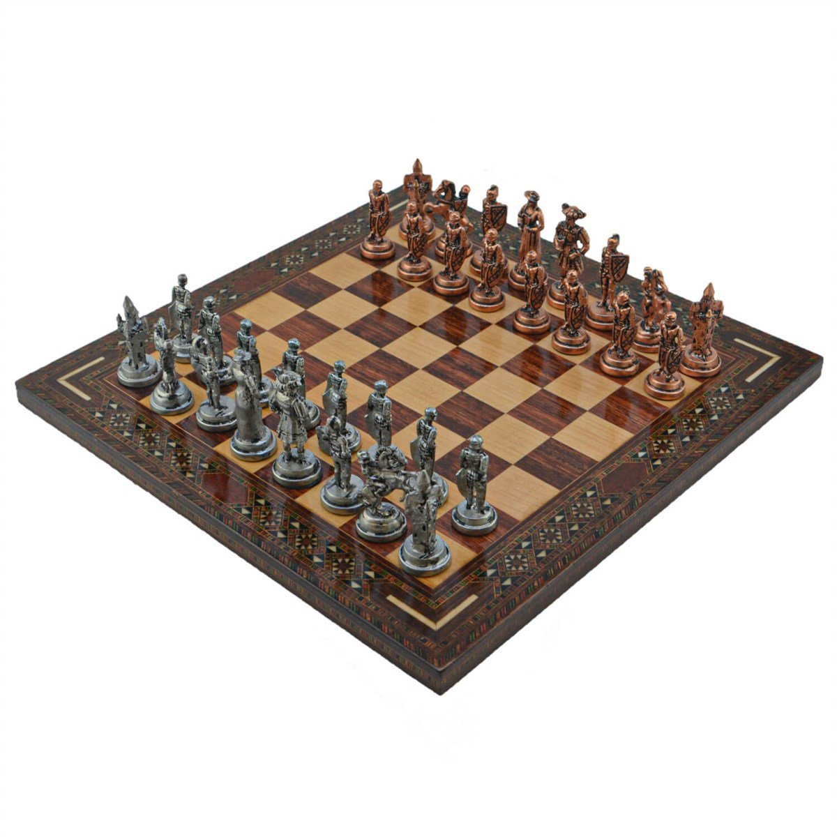 Gifthome Metal Satranç Takımı/Seti; Orta, İspanyol, Antik Taş ve Gül Düz Masif Satranç Tahtası