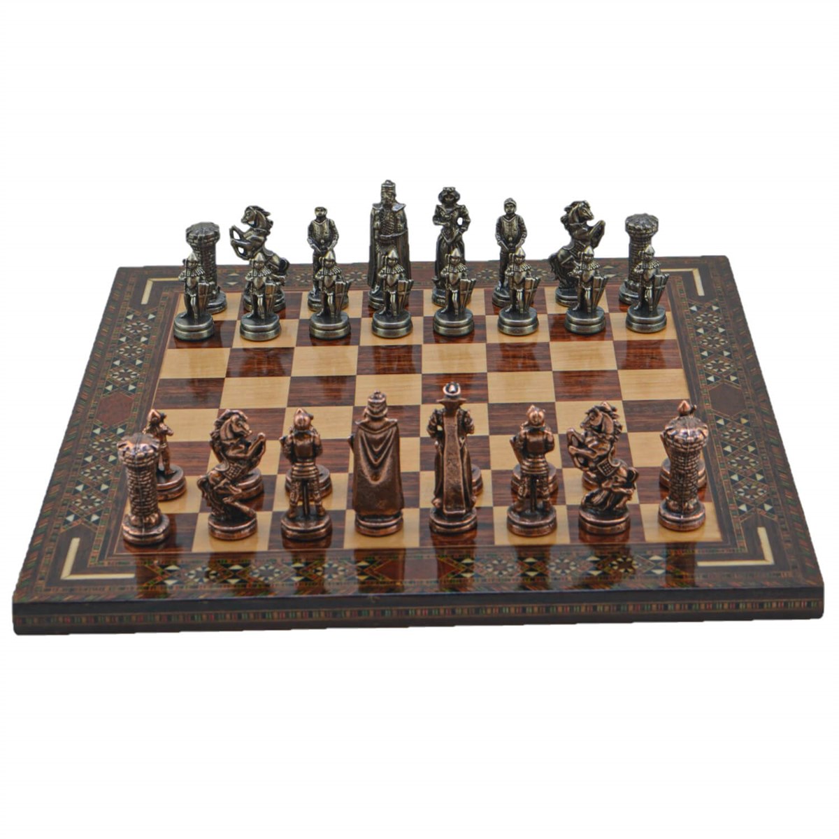 Gifthome Metal Satranç Takımı/Seti; Orta, İngiliz, Antik Taş ve Gül Düz Masif Satranç Tahtası
