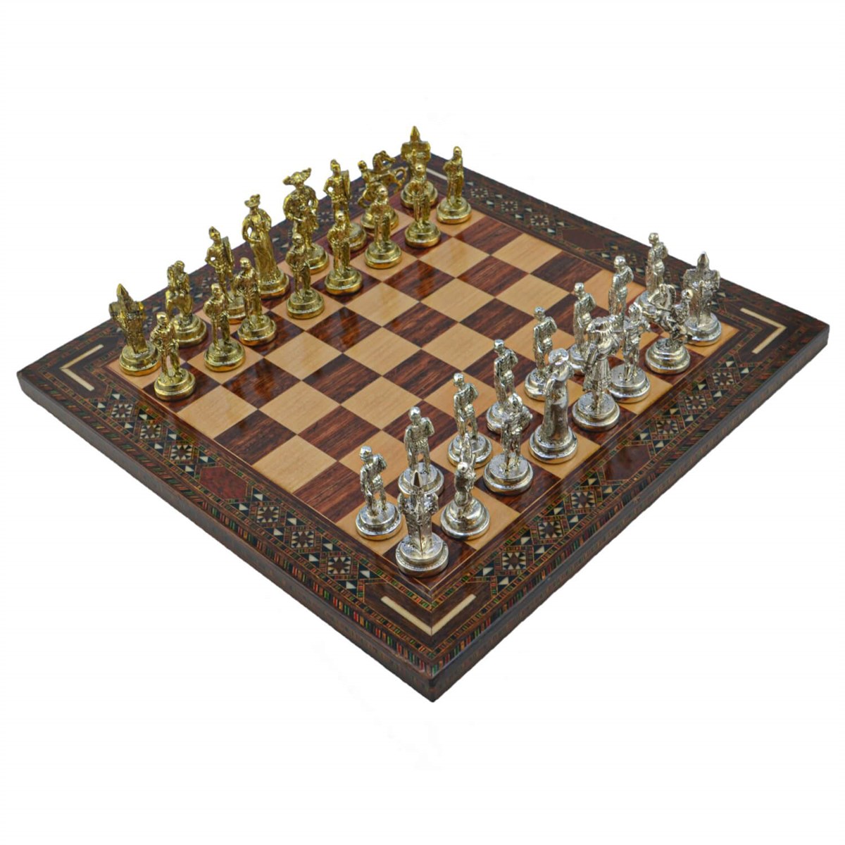 Gifthome Metal Satranç Takımı/Seti; Orta, İspanyol, Parlak Taş ve Gül Düz Masif Satranç Tahtası