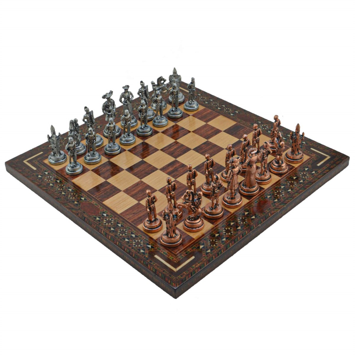Gifthome Metal Satranç Takımı/Seti; Orta, İspanyol, Antik Taş ve Gül Düz Masif Satranç Tahtası