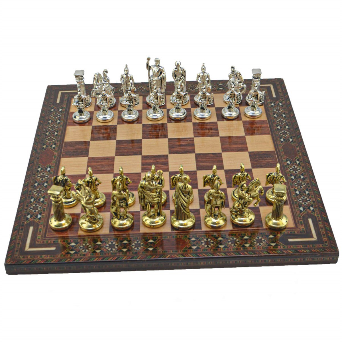 Gifthome Metal Satranç Takımı/Seti; Orta, Roma, Parlak Taş ve Gül Düz Masif Satranç Tahtası