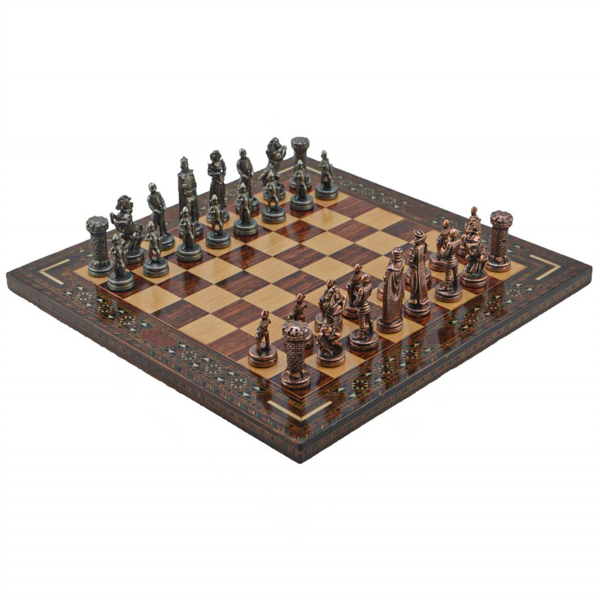 Gifthome Metal Satranç Takımı/Seti; Orta, İngiliz, Antik Taş ve Gül Düz Masif Satranç Tahtası