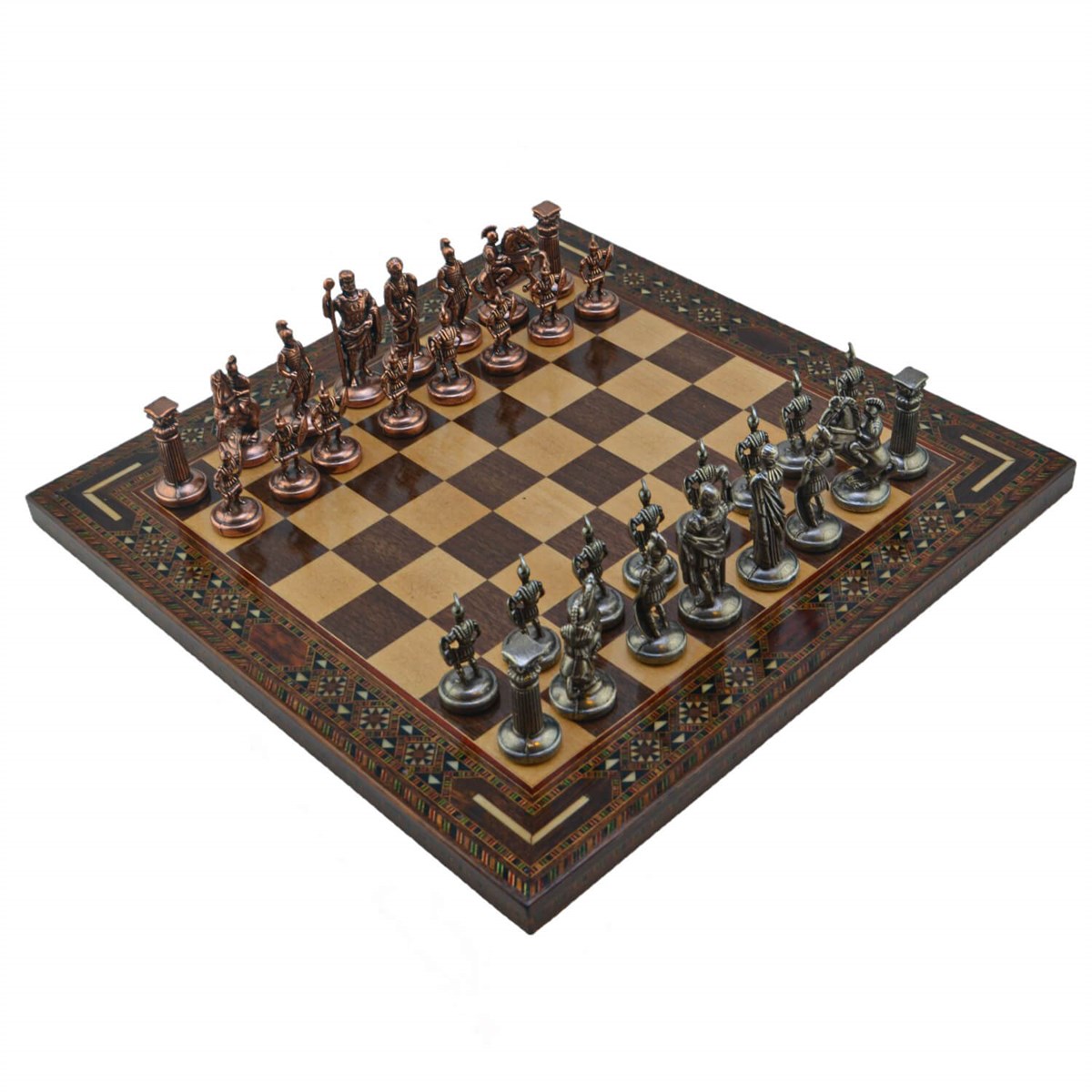 Gifthome Metal Satranç Takımı/Seti; Orta, Roma, Antik Taş ve Ceviz Düz Masif Satranç Tahtası