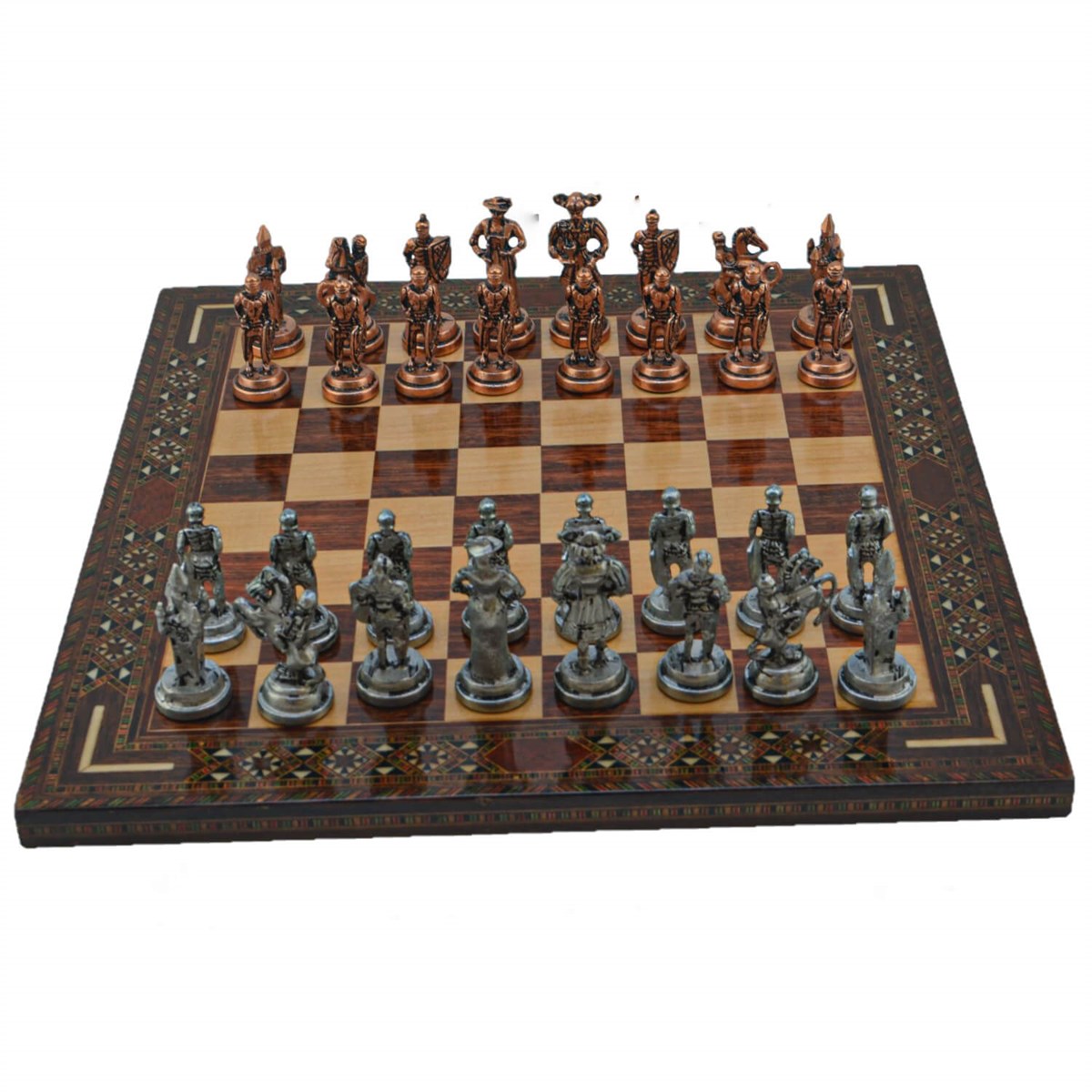 Gifthome Metal Satranç Takımı/Seti; Orta, İspanyol, Antik Taş ve Gül Düz Masif Satranç Tahtası