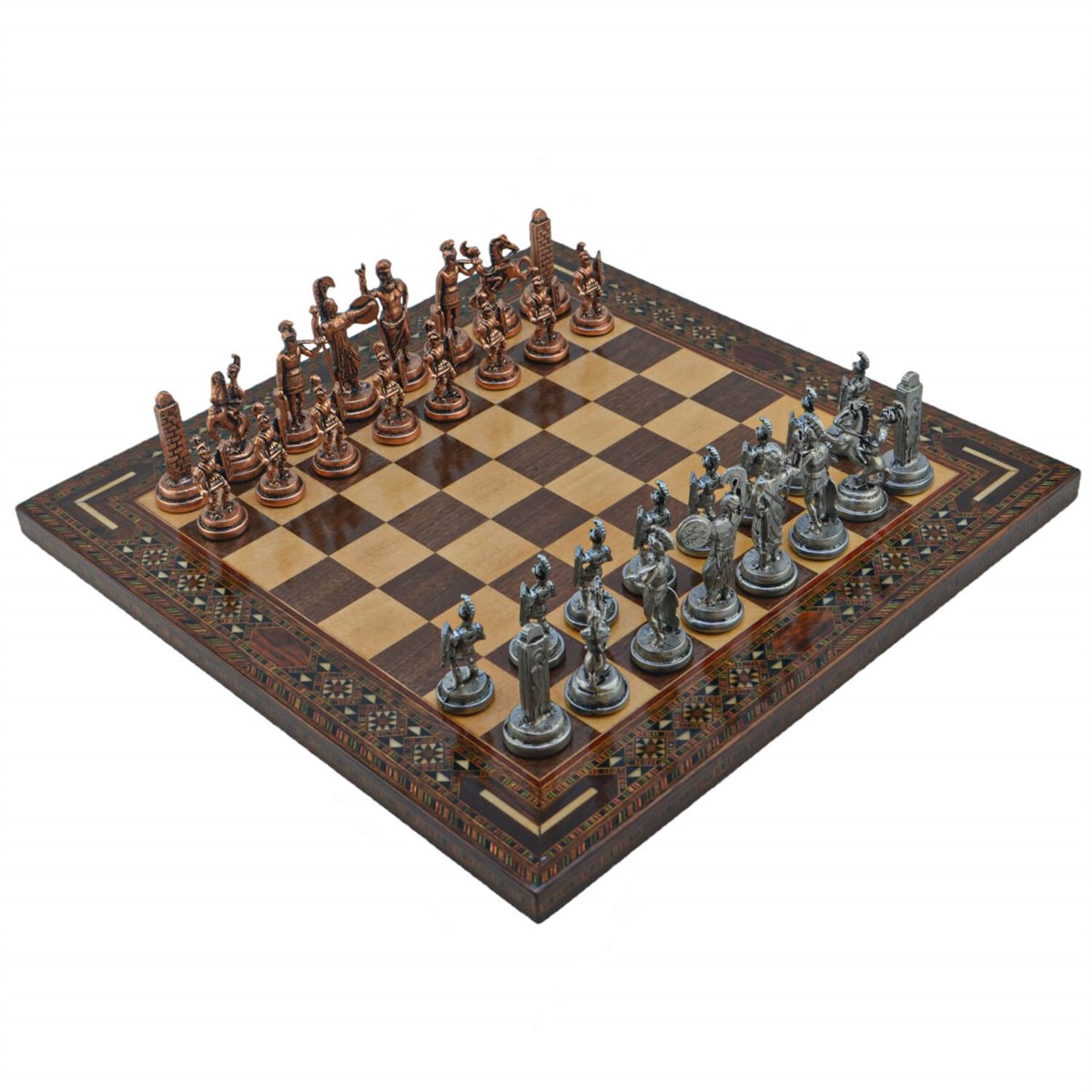 Gifthome Metal Satranç Takımı/Seti; Orta, Yunan, Antik Taş ve Ceviz Düz Masif Satranç Tahtası