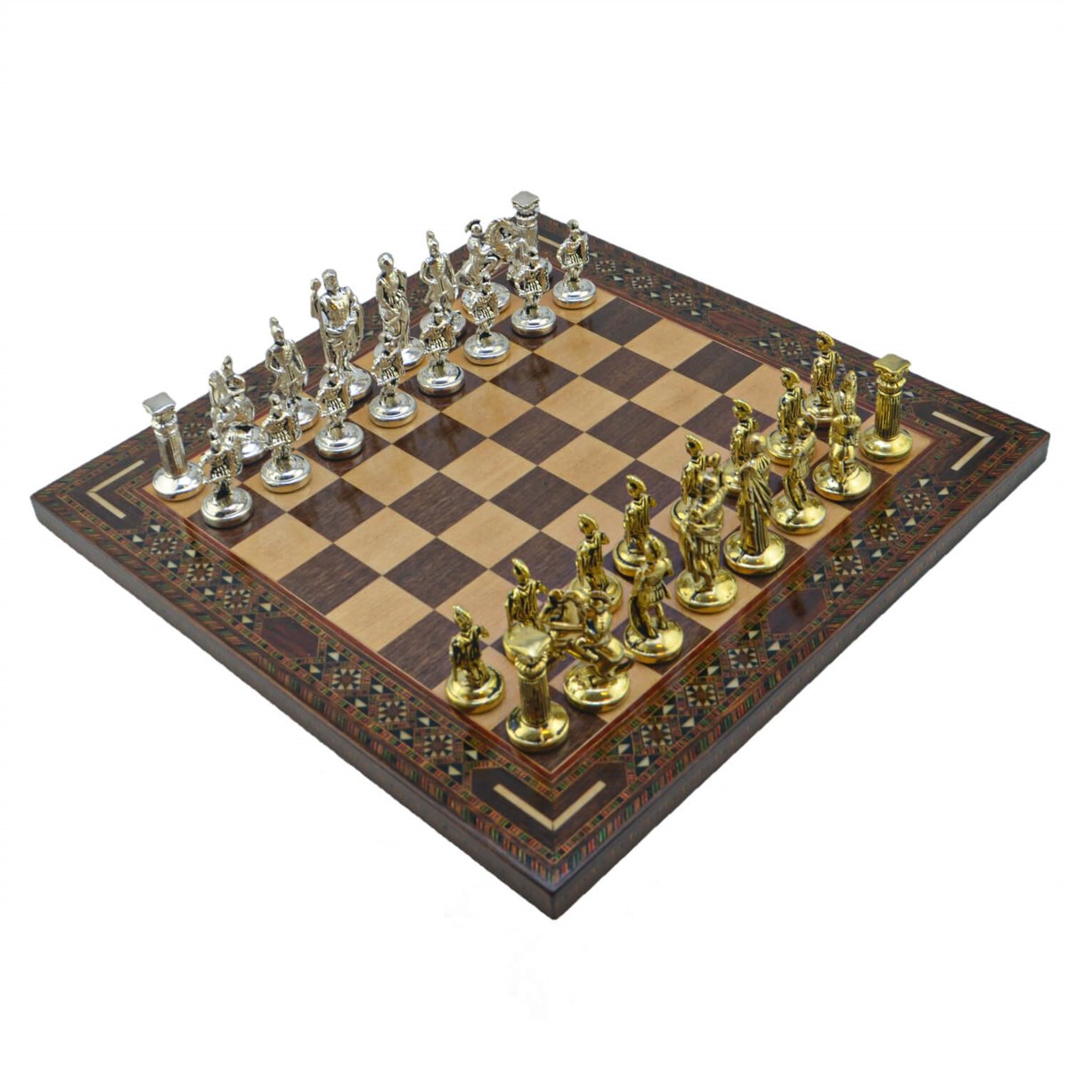 Gifthome Metal Satranç Takımı/Seti; Orta, Roma, Parlak Taş ve Ceviz Düz Masif Satranç Tahtası