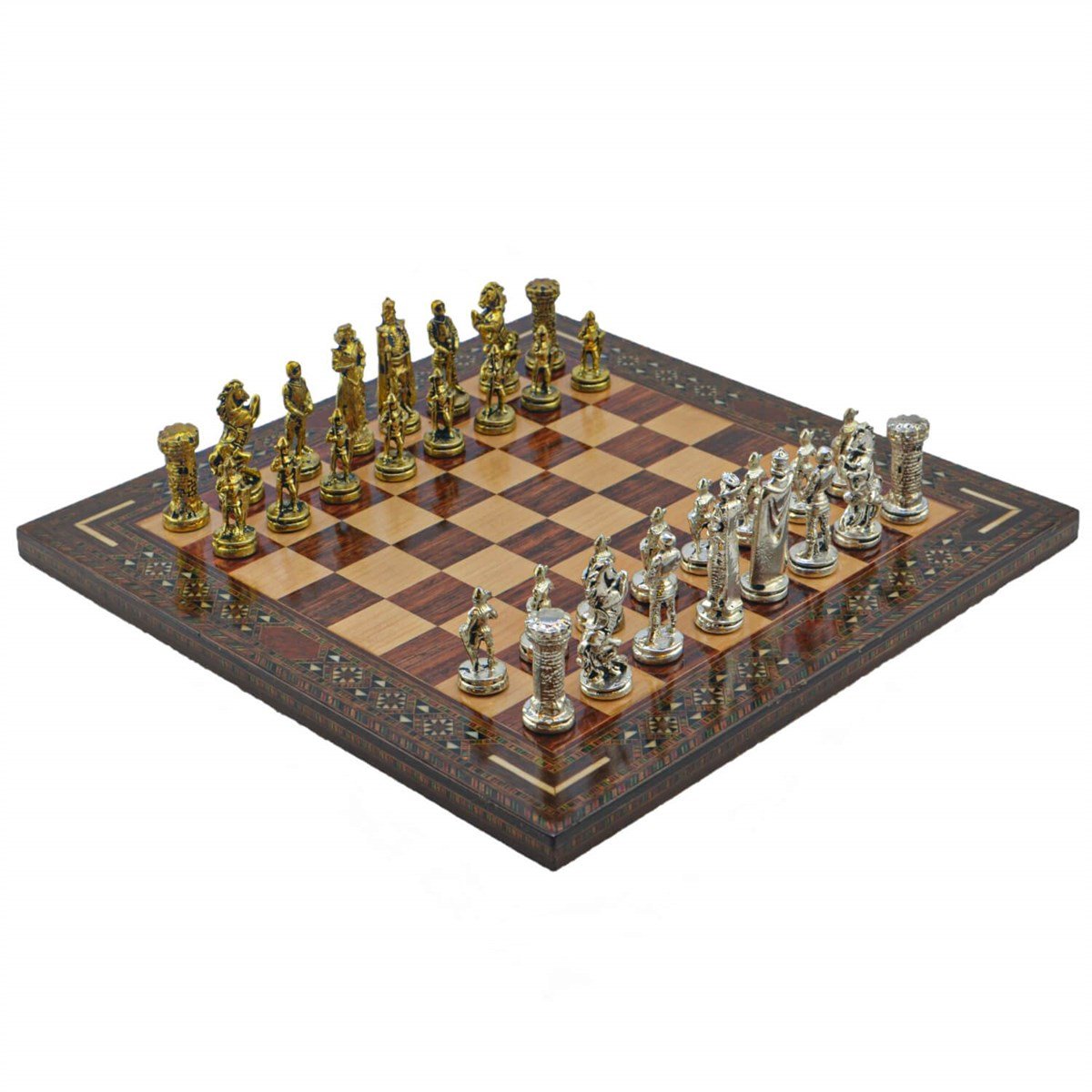 Gifthome Metal Satranç Takımı/Seti; Orta, İngiliz, Parlak Taş ve Gül Düz Masif Satranç Tahtası