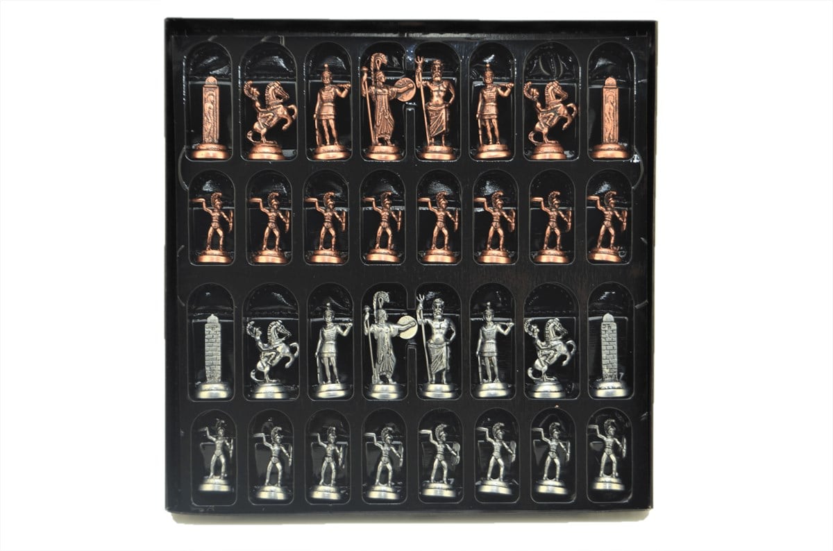 Gifthome Metal Satranç Takımı/Seti; Orta, Yunan, Antik Taş ve Ceviz Düz Masif Satranç Tahtası