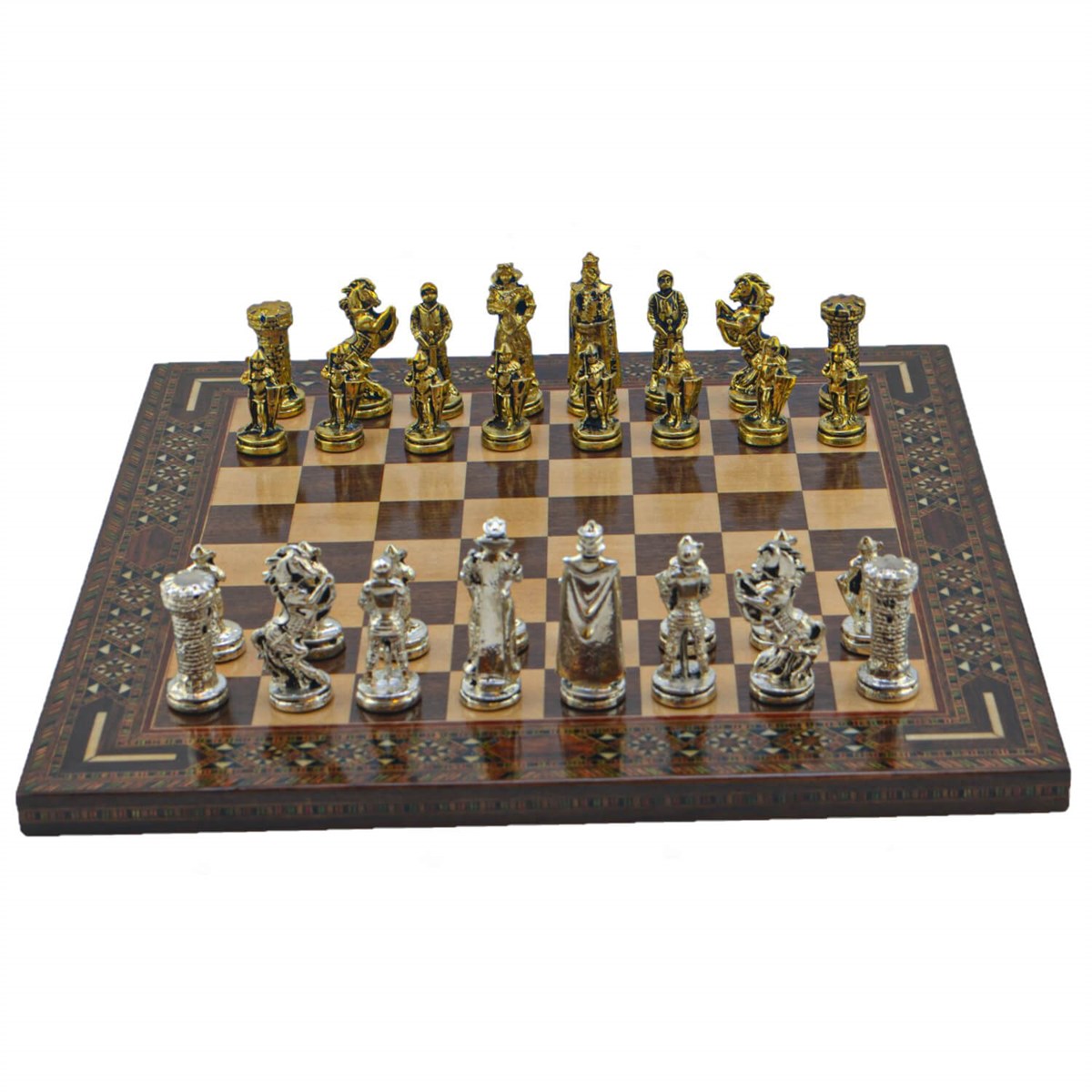 Gifthome Metal Satranç Takımı/Seti; Orta, İngiliz, Parlak Taş ve Ceviz Düz Masif Satranç Tahtası