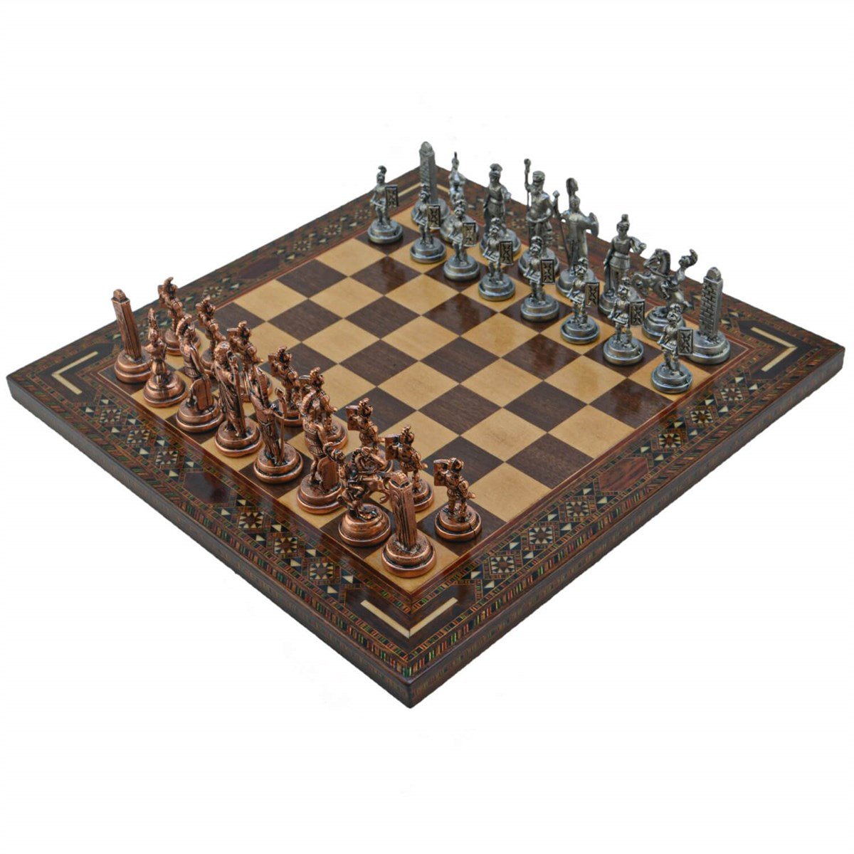 Gifthome Metal Satranç Takımı/Seti; Orta, Yunan, Antik Taş ve Ceviz Düz Masif Satranç Tahtası