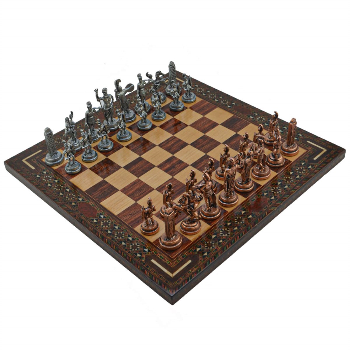 Gifthome Metal Satranç Takımı/Seti; Orta, Yunan, Antik Taş ve Gül Düz Masif Satranç Tahtası