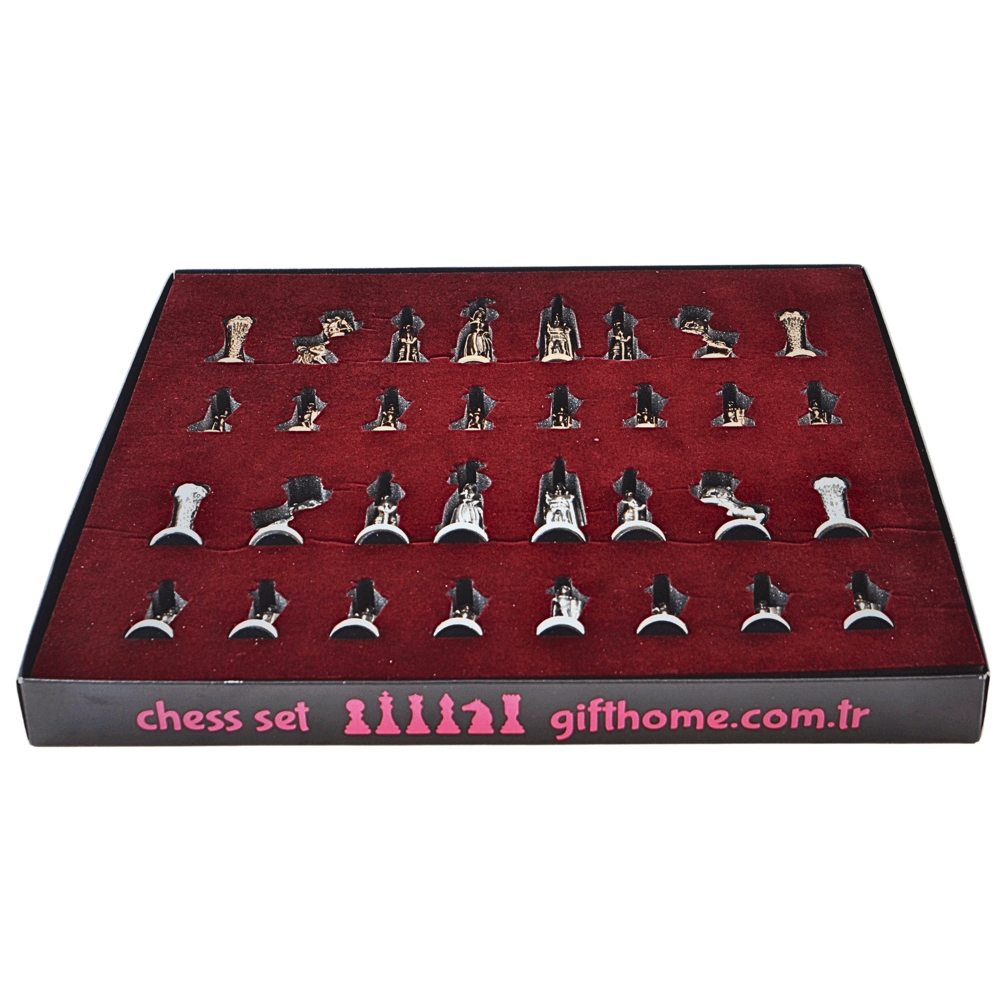 Gifthome Metal Satranç Takımı/Seti; Orta, İngiliz, Antik Taş ve Gül Düz Masif Satranç Tahtası