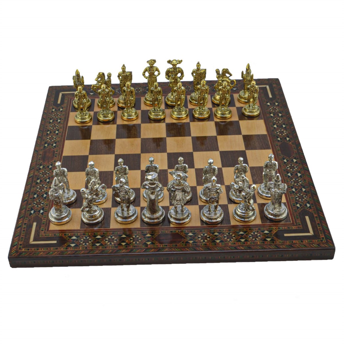 Gifthome Metal Satranç Takımı/Seti; Orta, İspanyol, Parlak Taş ve Ceviz Düz Masif Satranç Tahtası