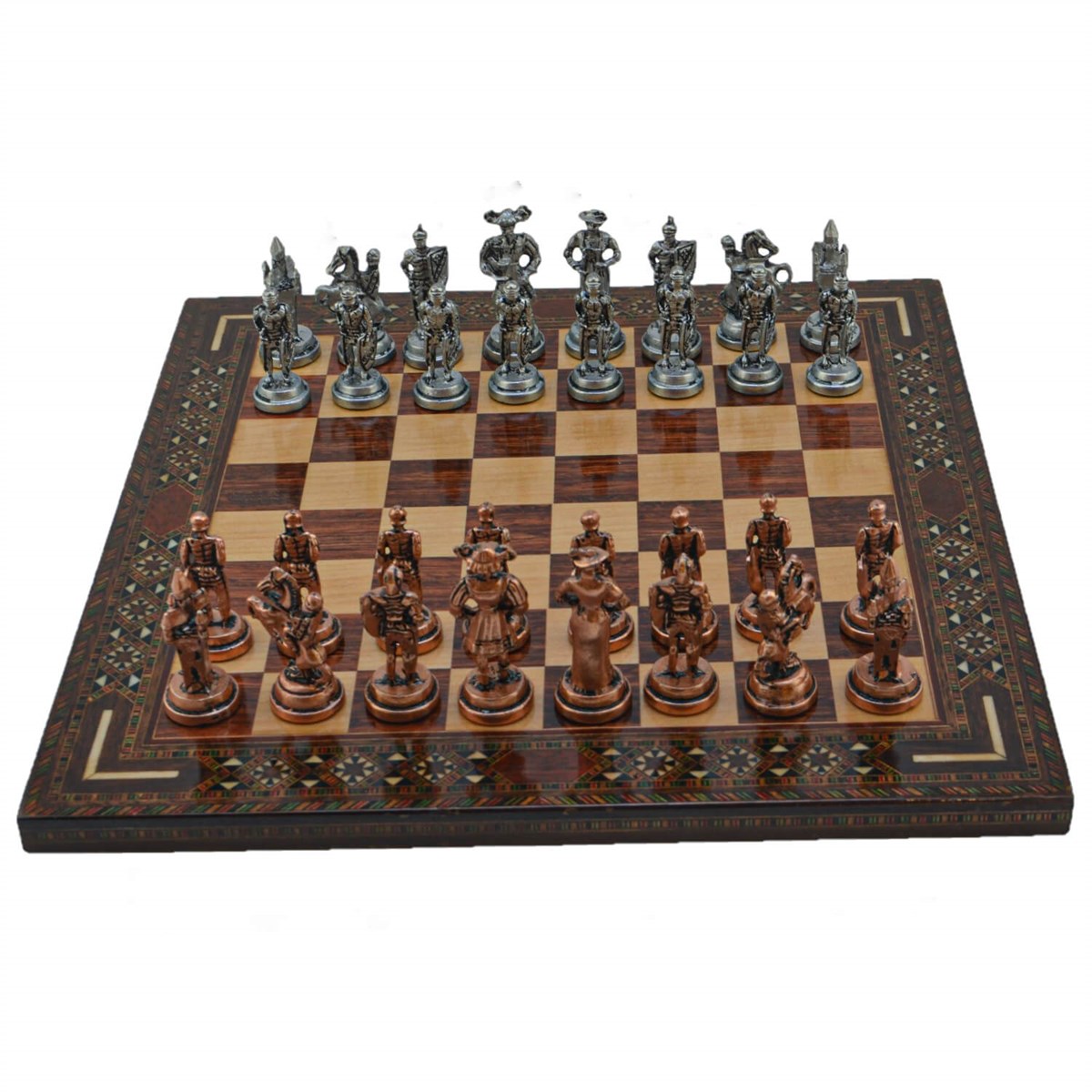 Gifthome Metal Satranç Takımı/Seti; Orta, İspanyol, Antik Taş ve Gül Düz Masif Satranç Tahtası