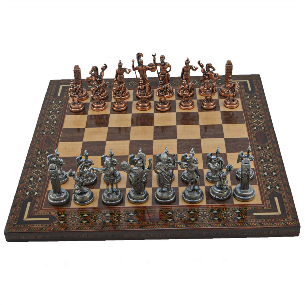 Gifthome Metal Satranç Takımı/Seti; Orta, Yunan, Antik Taş ve Ceviz Düz Masif Satranç Tahtası