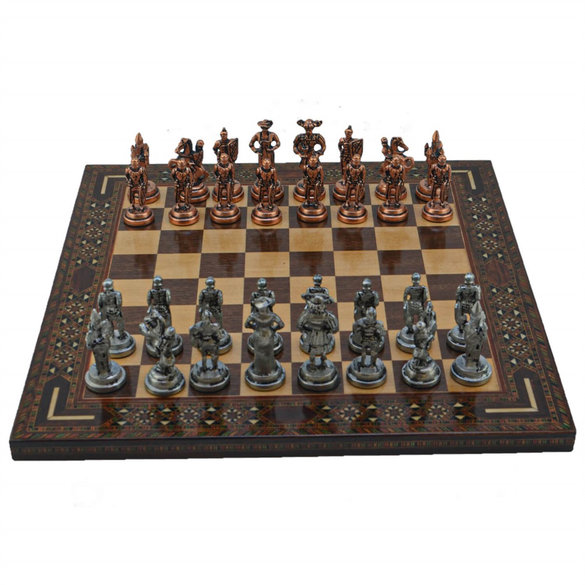 Gifthome Metal Satranç Takımı/Seti; Orta, İspanyol, Antik Taş ve Ceviz Düz Masif Satranç Tahtası