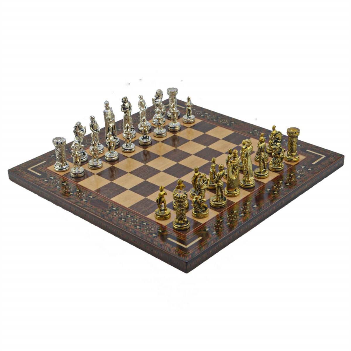 Gifthome Metal Satranç Takımı/Seti; Orta, İngiliz, Parlak Taş ve Ceviz Düz Masif Satranç Tahtası
