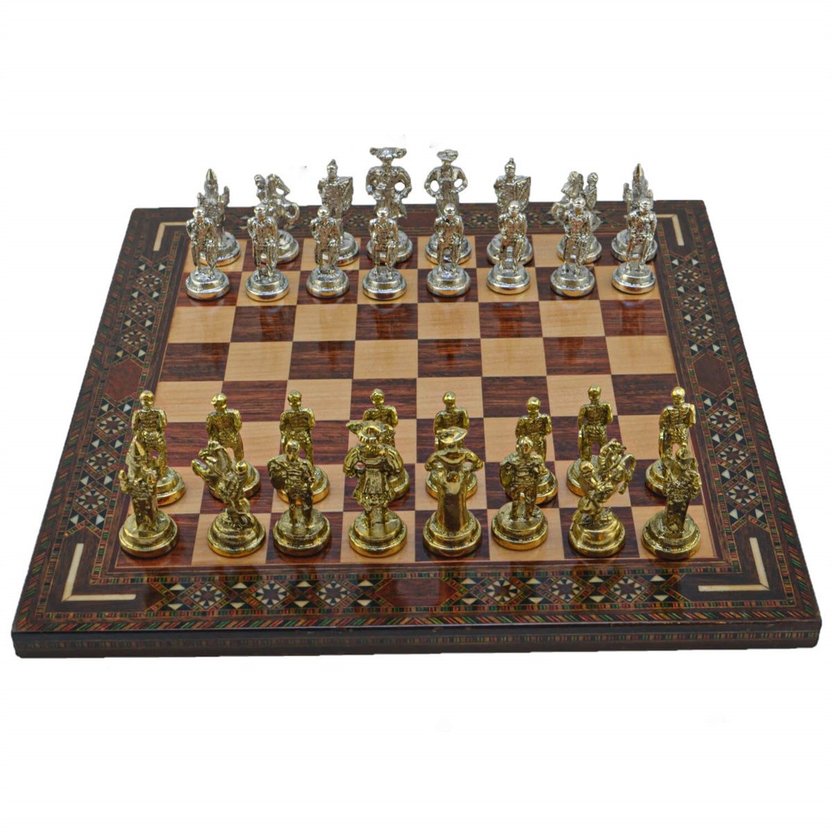 Gifthome Metal Satranç Takımı/Seti; Orta, İspanyol, Parlak Taş ve Gül Düz Masif Satranç Tahtası