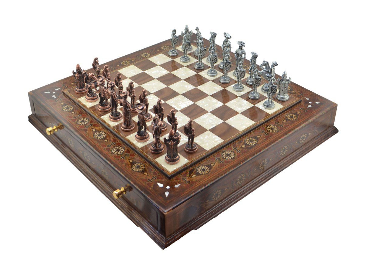 Gifthome Metal Satranç Takımı/Seti;Battal,İspanyol,Antik,Sedefli,K.Ceviz ,Çekm. Satranç Tahtası 