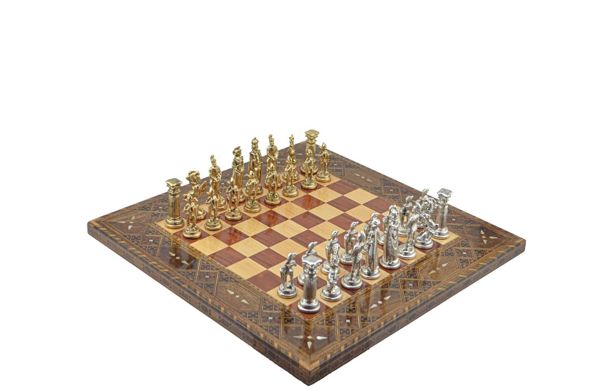 Gifthome Metal Satranç Takımı/Seti;Battal,İngiliz,Parlak,Sedefli,Gül, Düz Masif Satranç Tahtası