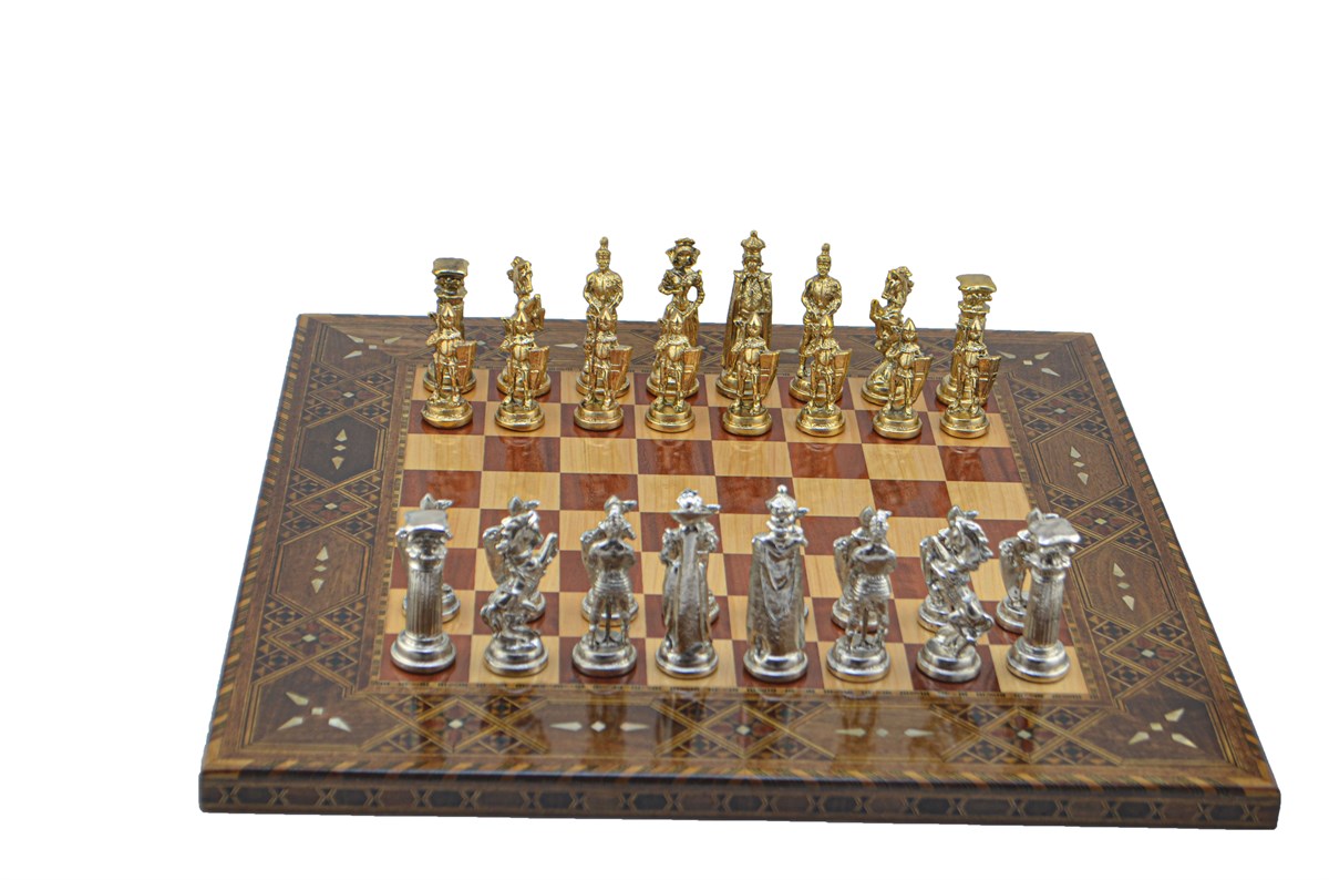 Gifthome Metal Satranç Takımı/Seti;Battal,İngiliz,Parlak,Sedefli,Gül, Düz Masif Satranç Tahtası