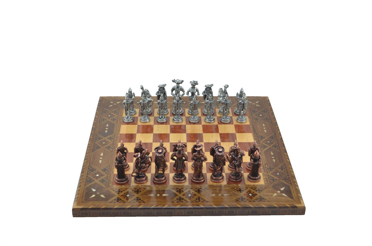 Gifthome Metal Satranç Takımı/Seti;Battal,İspanyol,Antik ve Sedefli,Gül Düz Masif Satranç Tahtası