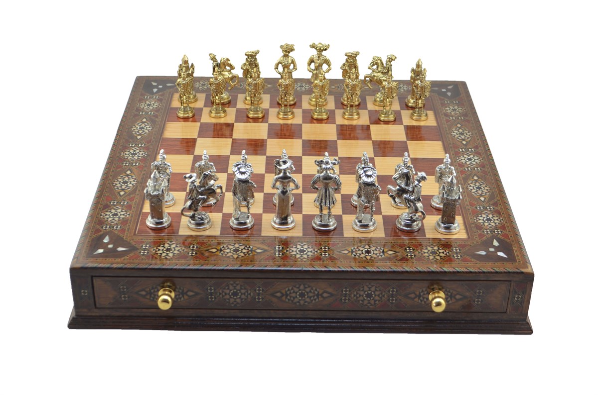Gifthome Metal Satranç Takımı/Seti;Battal,İspanyol,Parlak,Sedefli,Ceviz ,Çekm. Satranç Tahtası 