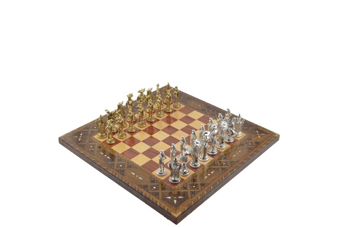 Gifthome Metal Satranç Takımı/Seti;Battal,İspanyol,Parlak ve Sedefli,Gül Düz Masif Satranç Tahtası